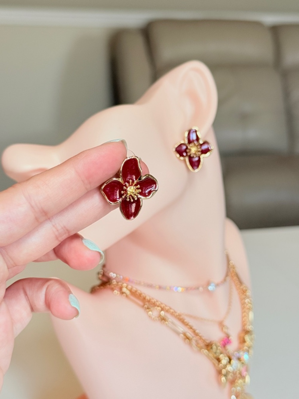 Gold and Burgundy Flower Stud Earrings - Picture 6 of 13